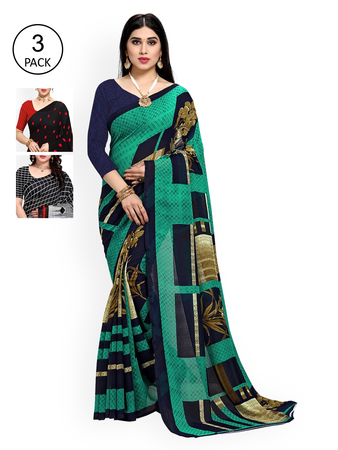 

KALINI Pack Of 3 Multicoloured Poly Georgette Sarees, Multi