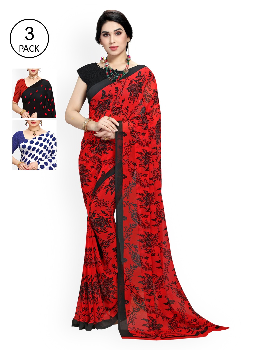 

KALINI Pack Of 3 Poly Georgette Sarees, Red