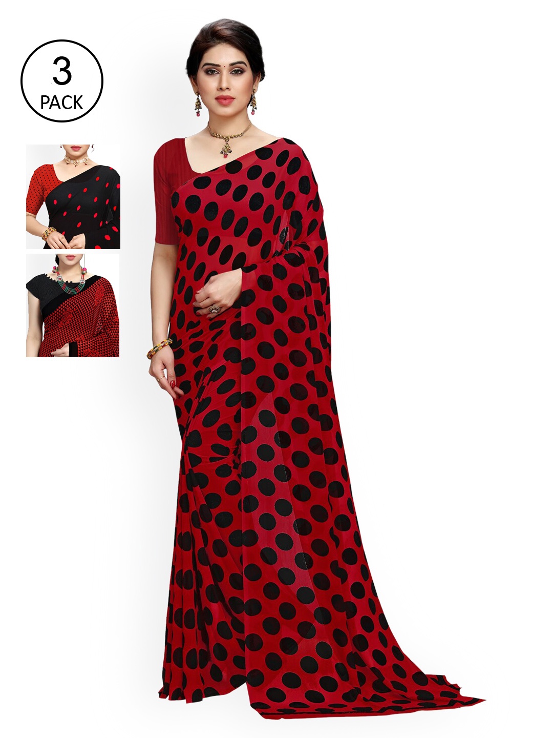 

KALINI Pack Of 3 Printed Sarees, Red