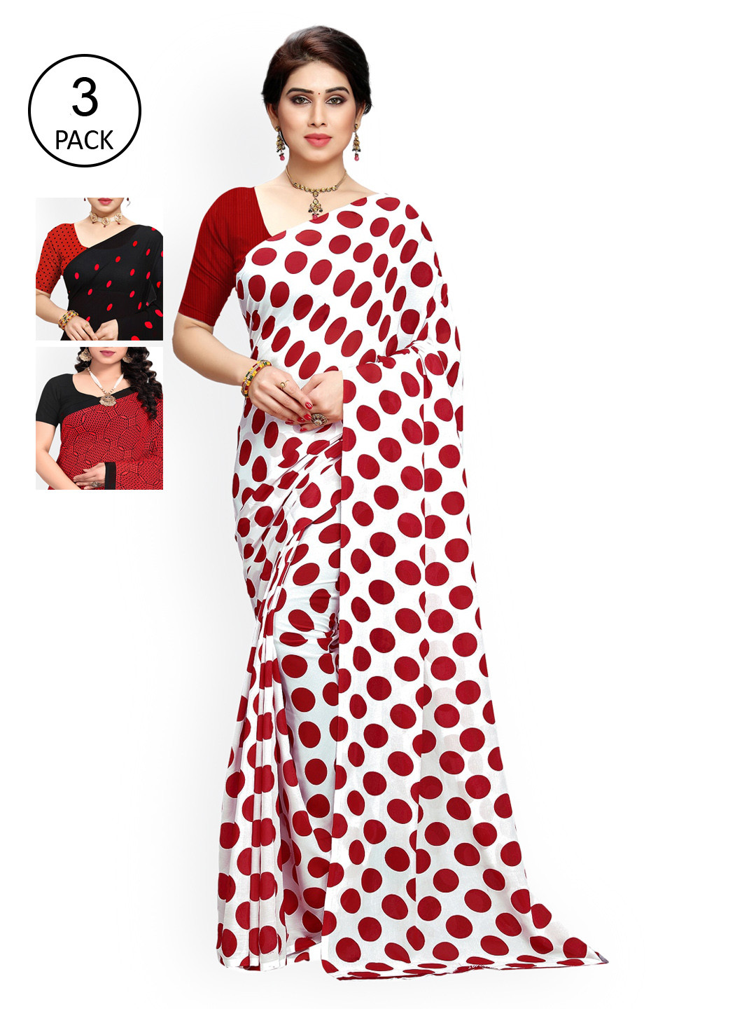 

KALINI Pack Of 3 Printed Sarees, Red