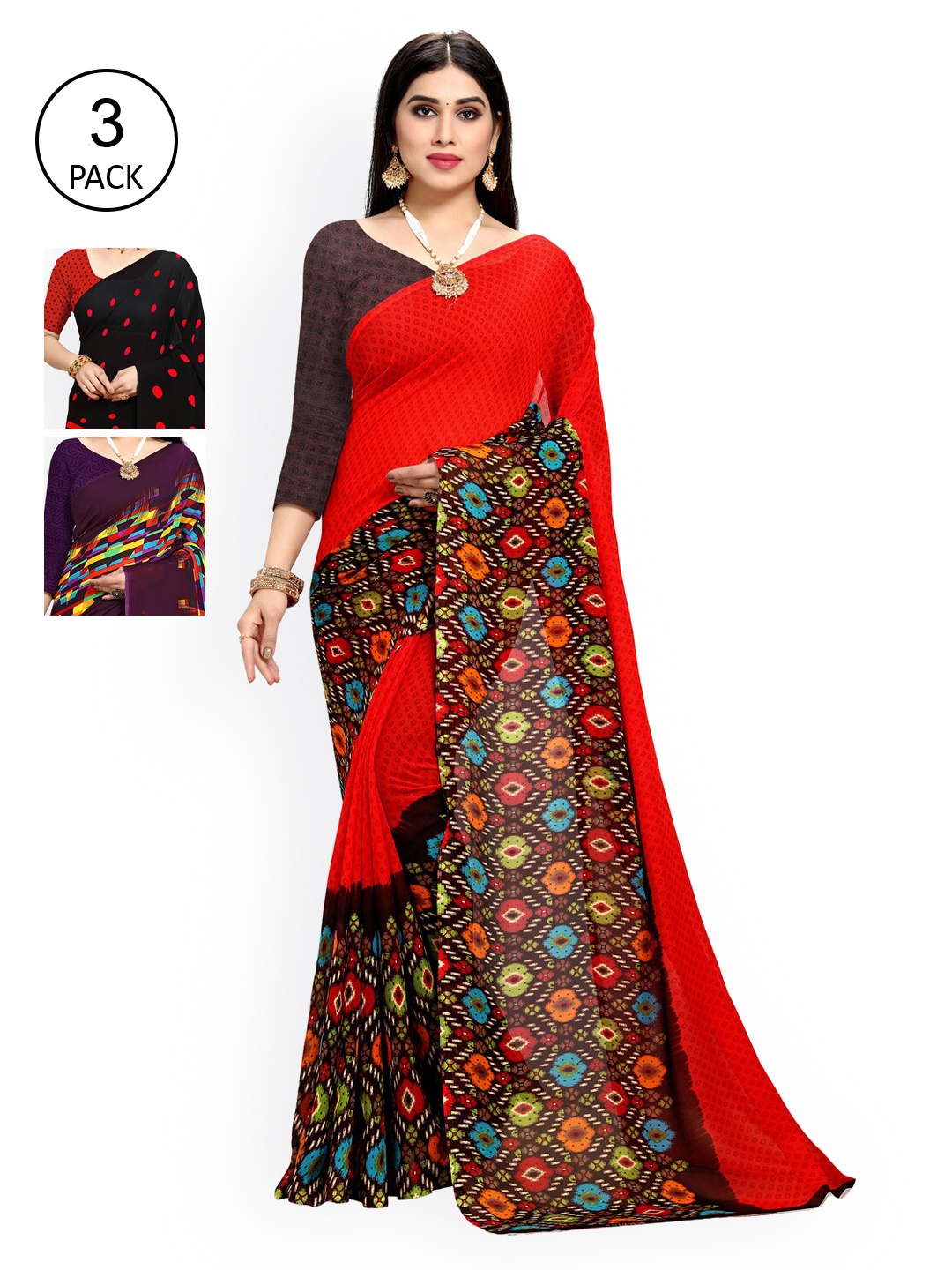 

KALINI Pack of 3 Printed Poly Georgette Saree, Multi