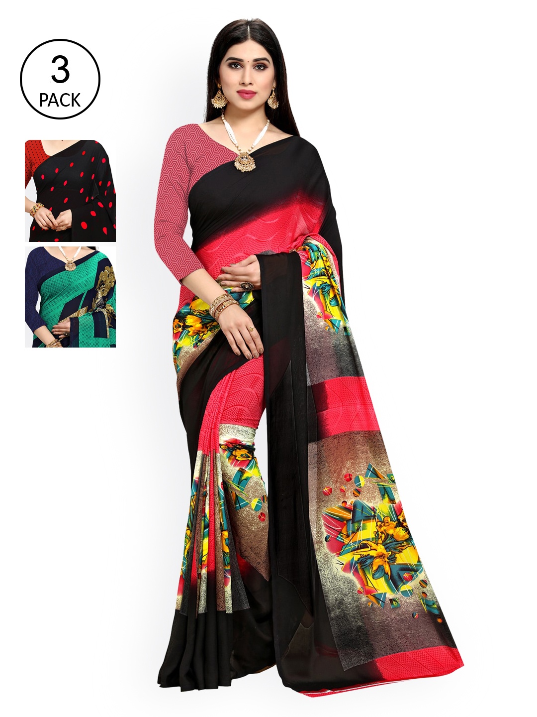 

KALINI Women Pack of 3 Printed Poly Georgette Sarees, Black