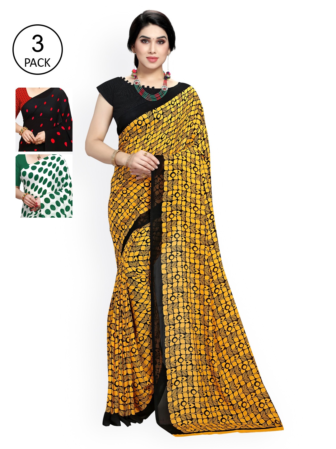 

KALINI Pack Of 3 Poly Georgette Sarees, Yellow