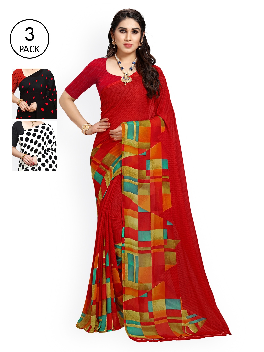 

ANAND SAREES Pack of 3 Poly Georgette Sarees, Red
