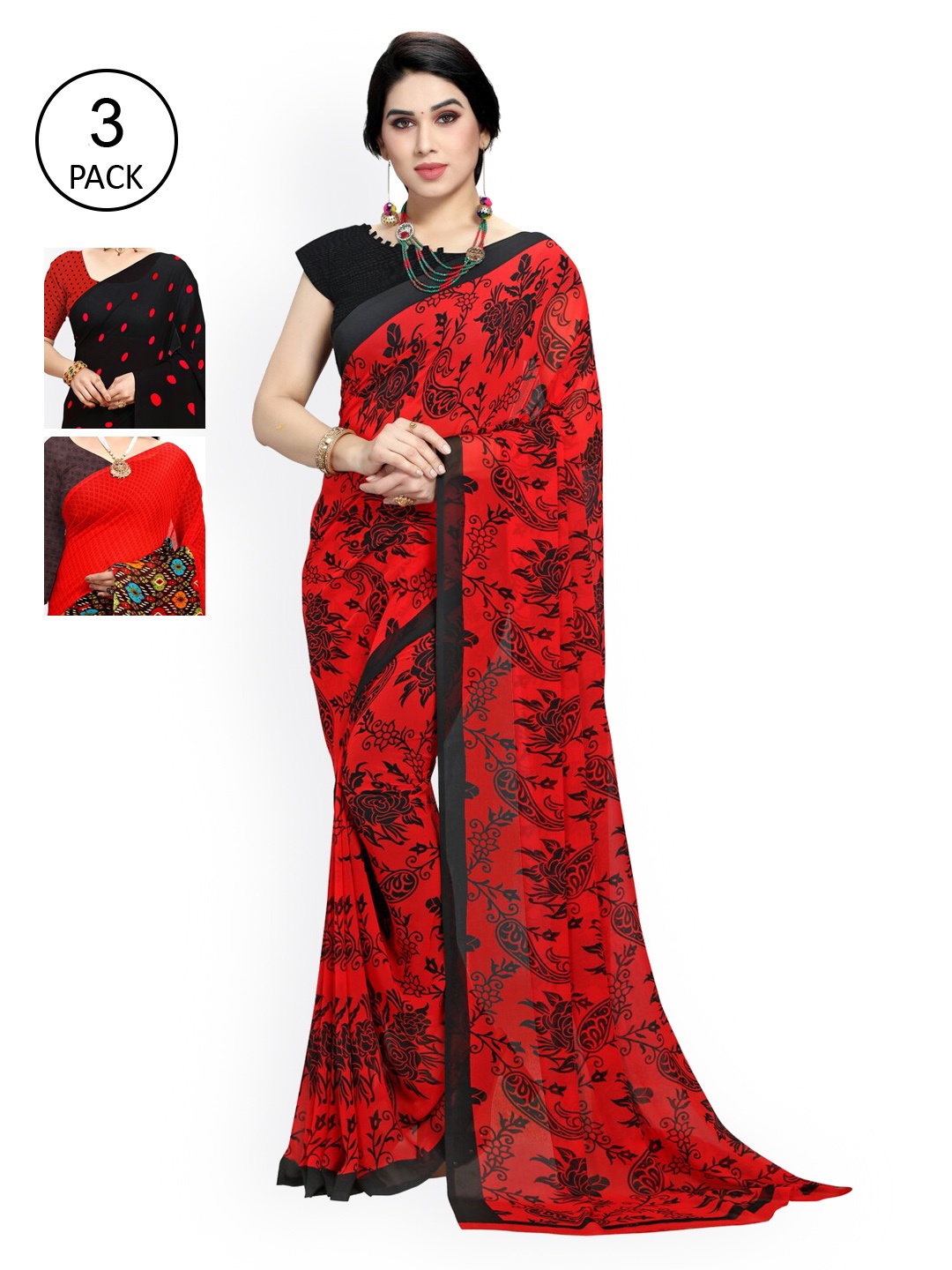 

KALINI Black & Red Pack of 3 Saree