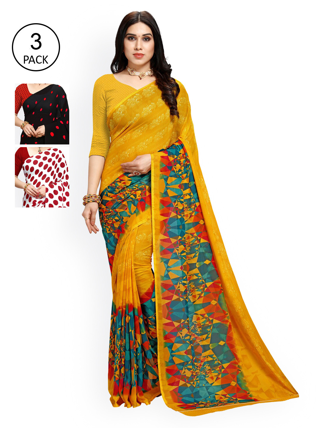 

KALINI Red & Yellow Pack of 3 Printed Saree
