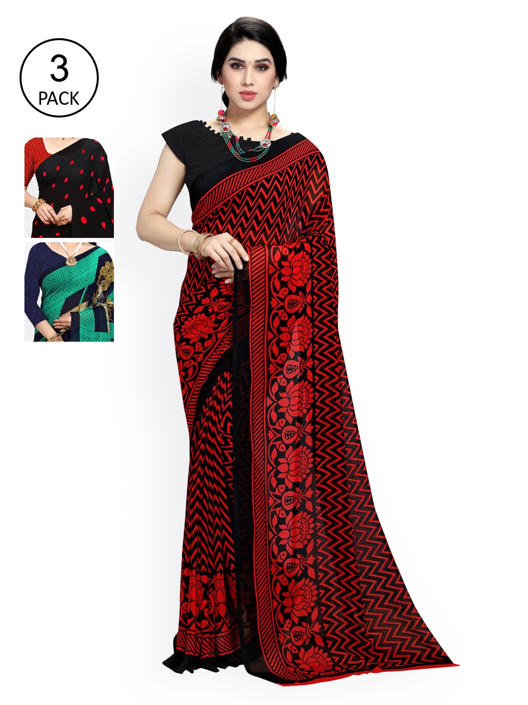 

KALINI Pack Of 3 Printed Sarees, Red
