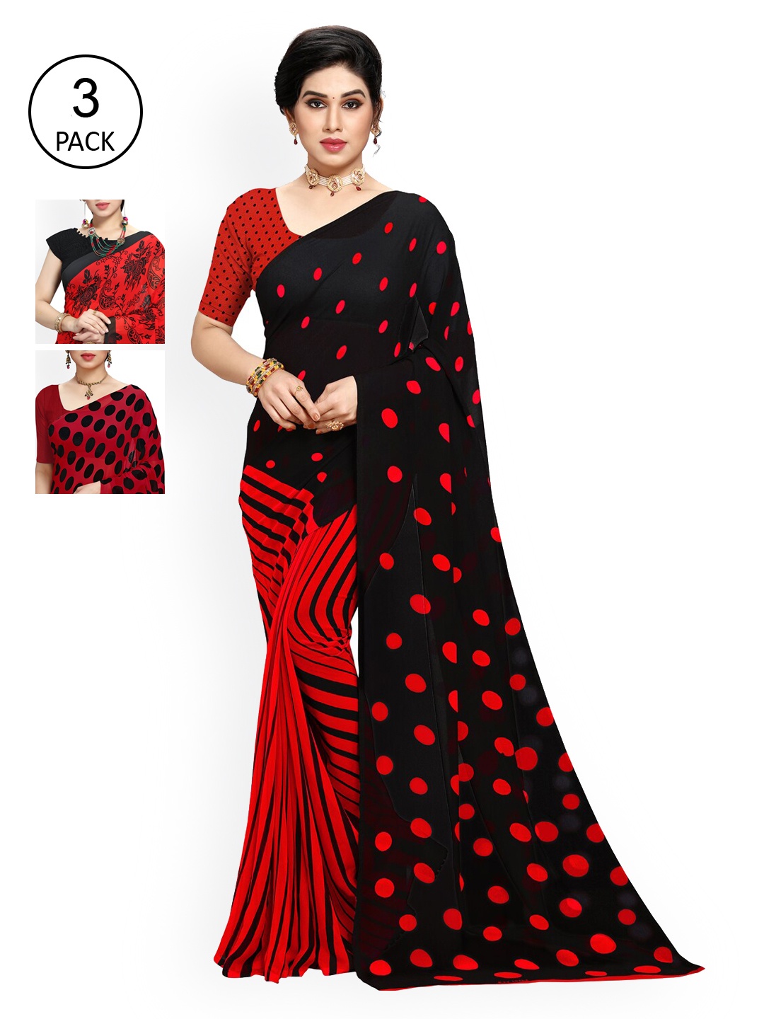 

KALINI Women Pack of 3 Printed Poly Georgette Sarees, Red