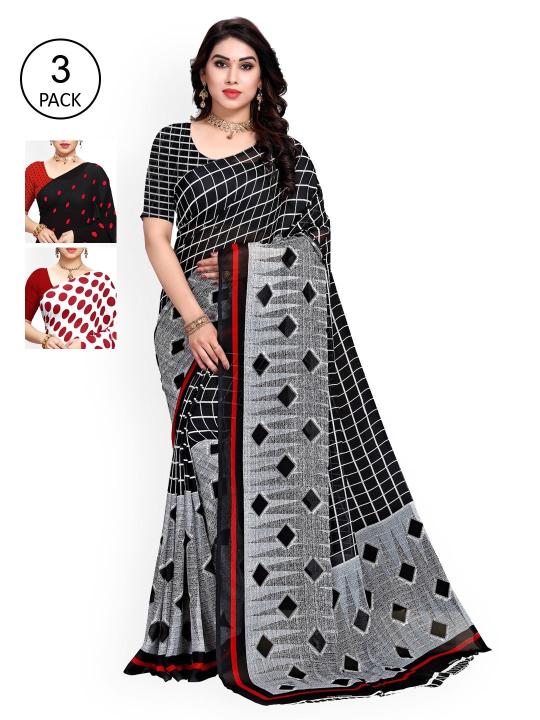 

ANAND SAREES Pack Of 3 Red & Grey Saree