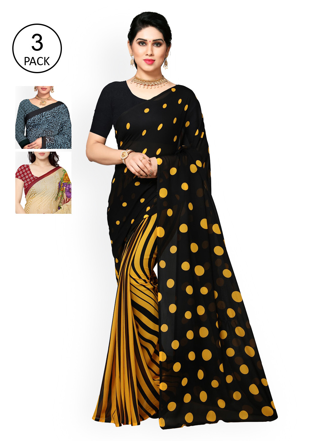 

KALINI Pack of 3 Poly Georgette Sarees, Black
