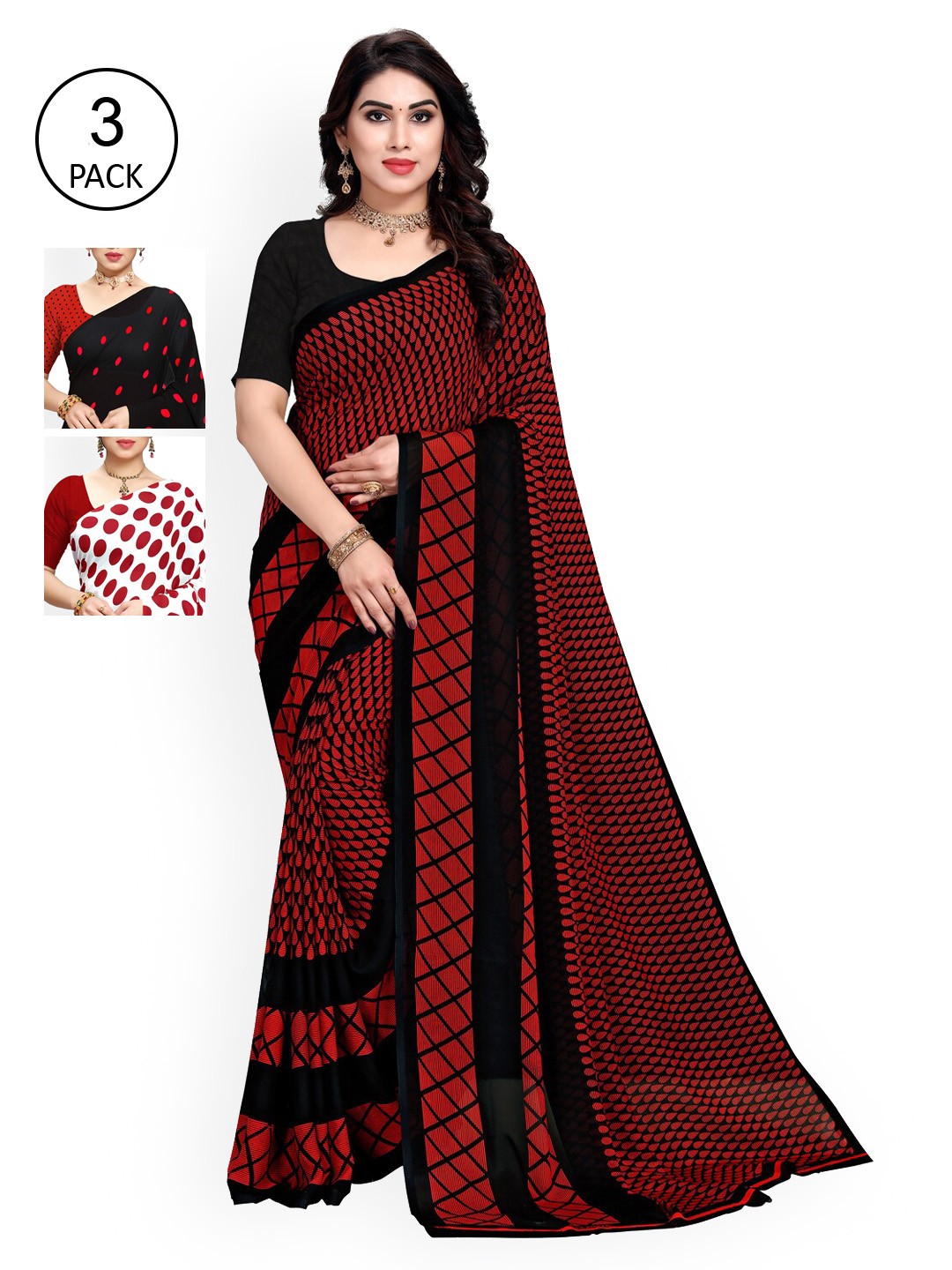 

ANAND SAREES Red & Black Pack of 3 Printed Saree