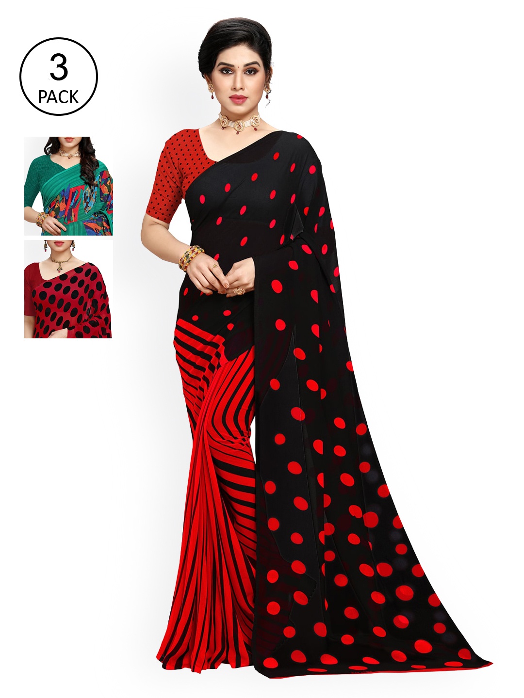 

KALINI Pack Of 3 Printed Sarees, Red