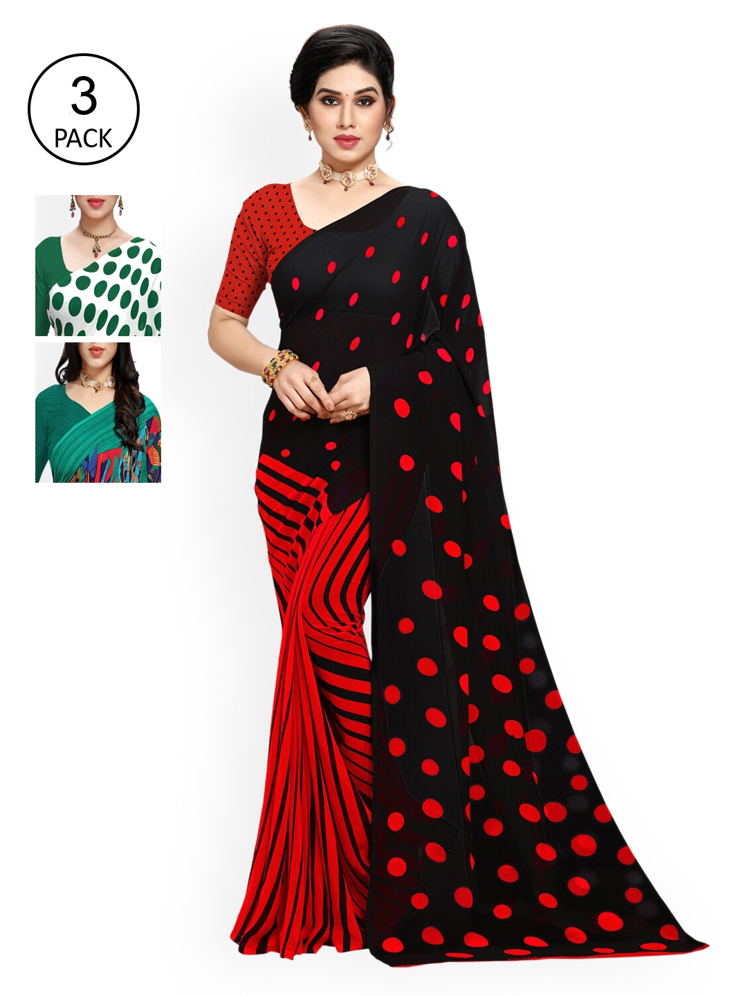 

KALINI Pack Of 3 Poly Georgette Sarees, Black