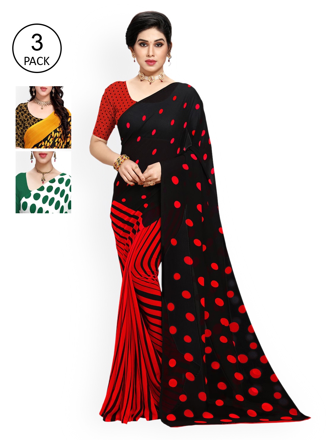 

KALINI Women Pack of 3 Printed Poly Georgette Sarees, White