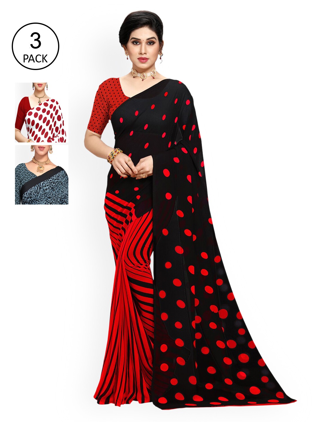 

ANAND SAREES Pack of 3 Poly Georgette Sarees, Black