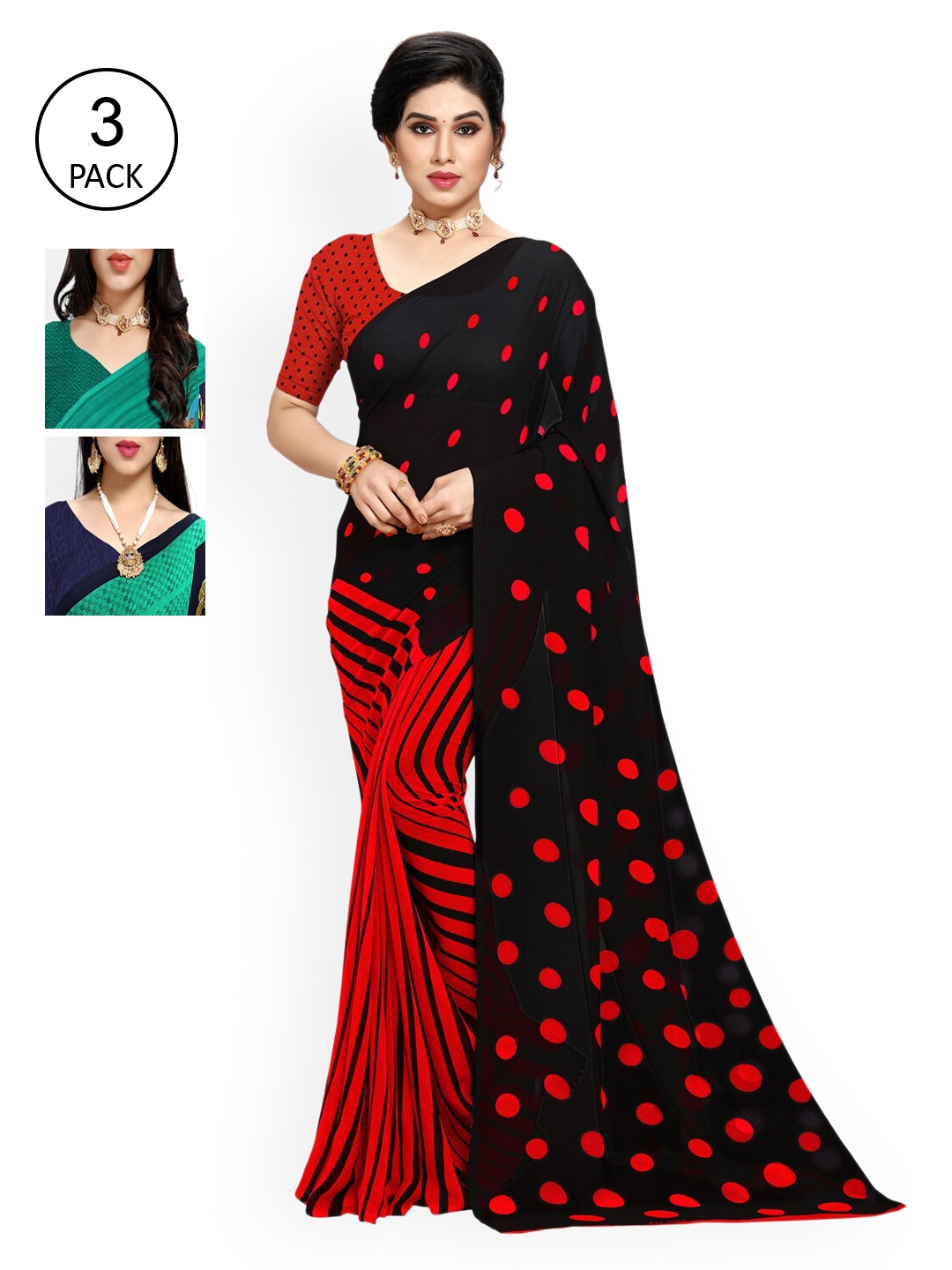 

KALINI Red & Black Pack of 3 Printed Saree