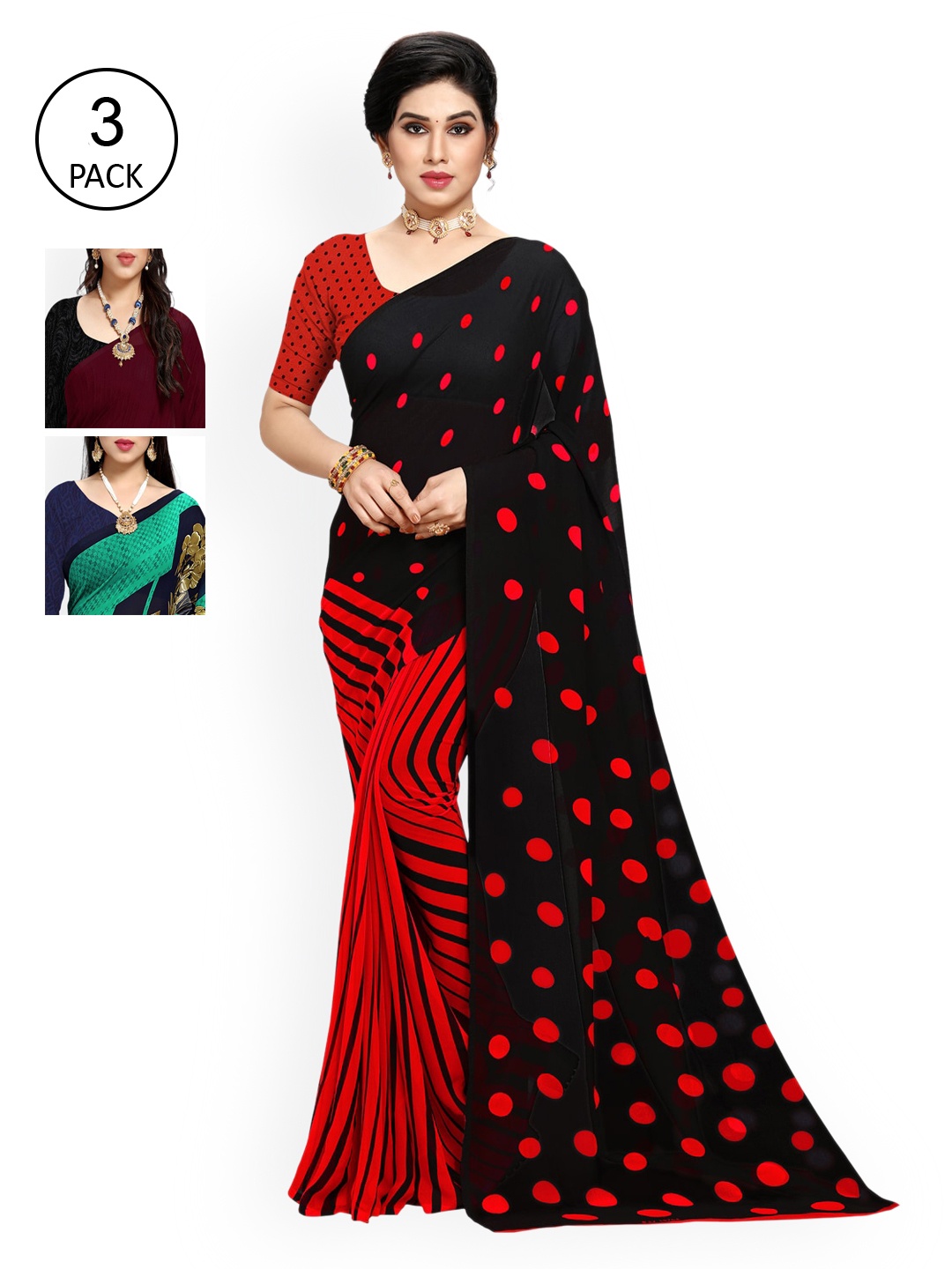 

KALINI Pack Of 3 Multicoloured Poly Georgette Sarees, Multi