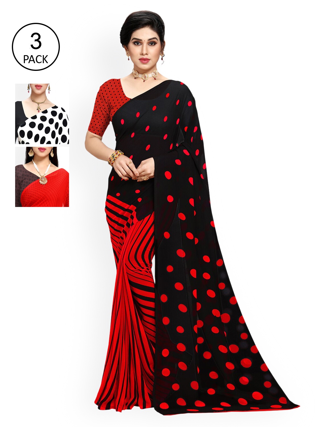 

KALINI Women Pack of 3 Printed Poly Georgette Sarees, White