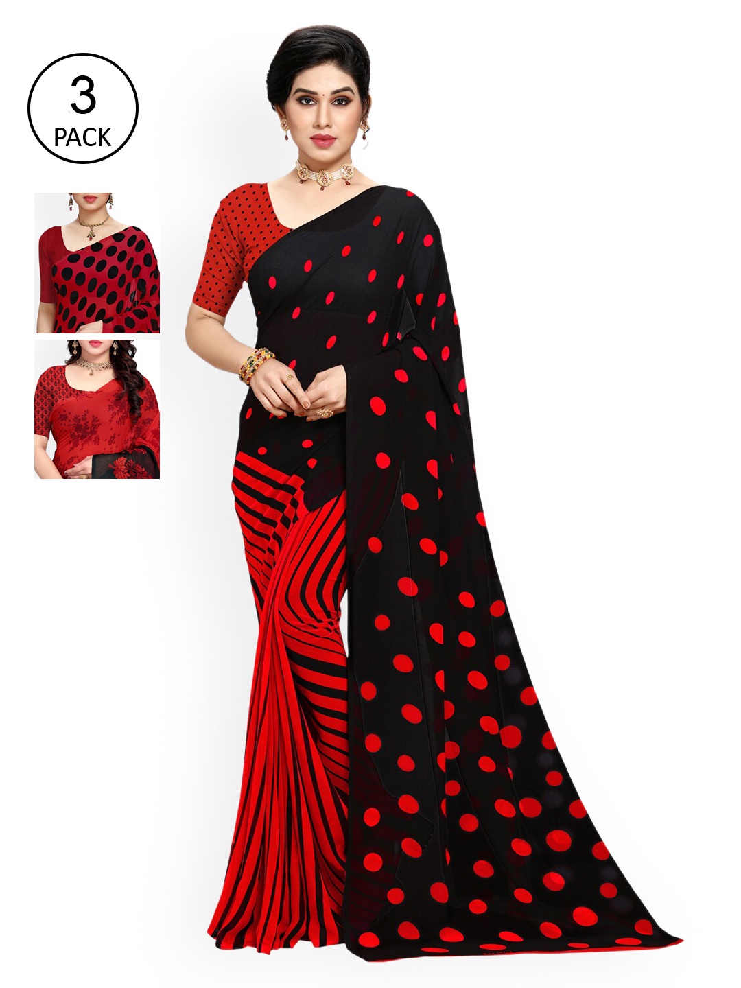 

KALINI Black & Red Pack of 3 Printed Saree