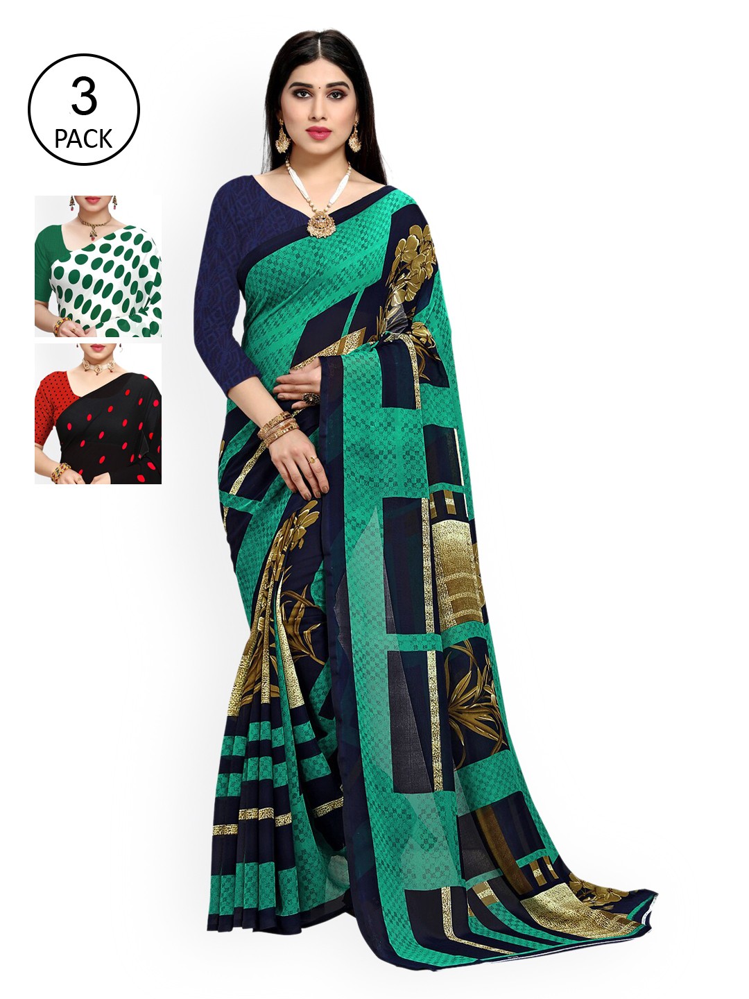 

KALINI Pack Of 3 Poly Georgette Sarees, Green