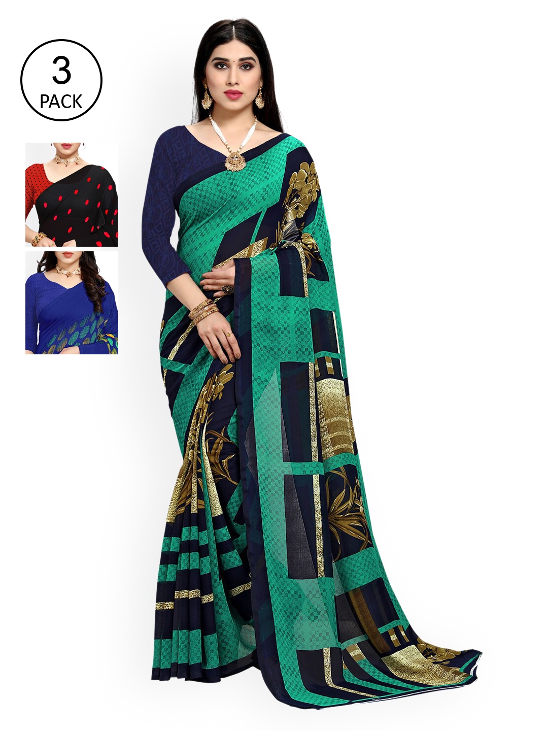 

KALINI Pack of 3 Poly Georgette Printed Saree, Multi