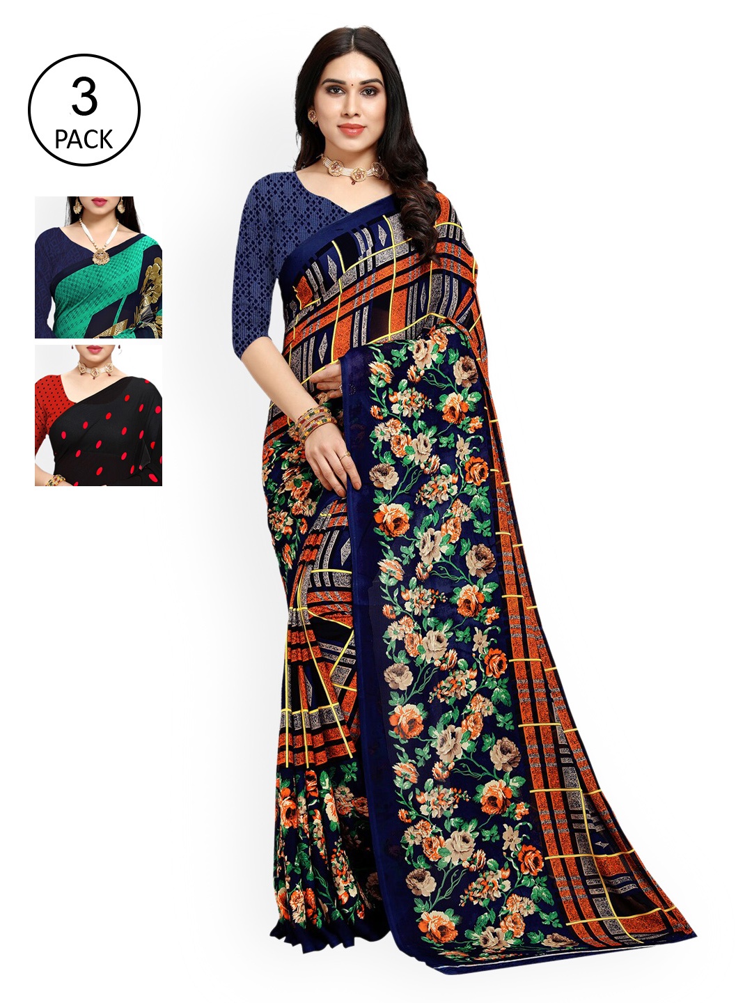 

KALINI Pack of 3 Poly Georgette Sarees, Black