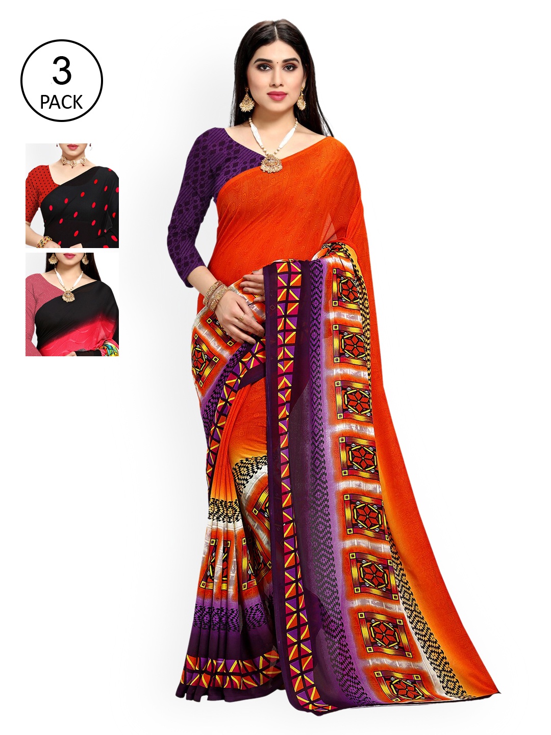 

KALINI Pack of 3 Poly Georgette Sarees, Red