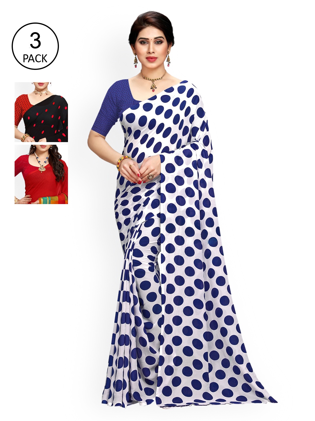 

KALINI Pack of 3 Poly Georgette Sarees, Blue