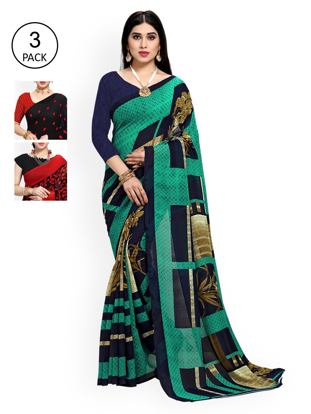 

KALINI Pack Of 3 Green & Red Saree