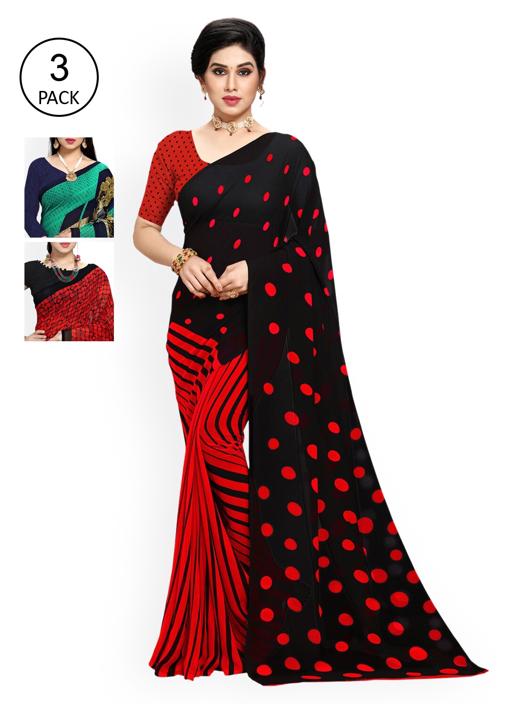 

KALINI Pack Of 3 Printed Sarees, Red