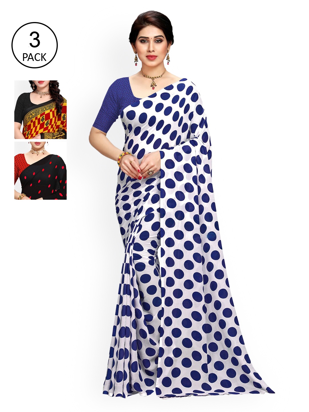 

KALINI Pack Of 3 Poly Georgette Sarees, White
