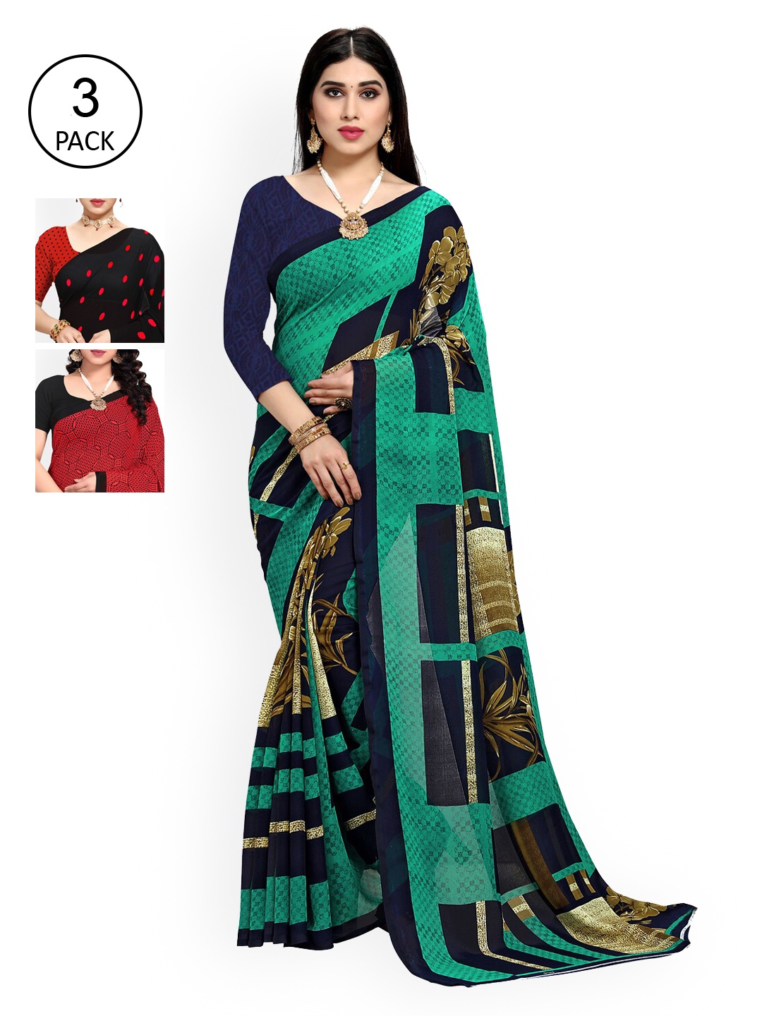 

KALINI Pack Of 3 Sea Green & Red Saree