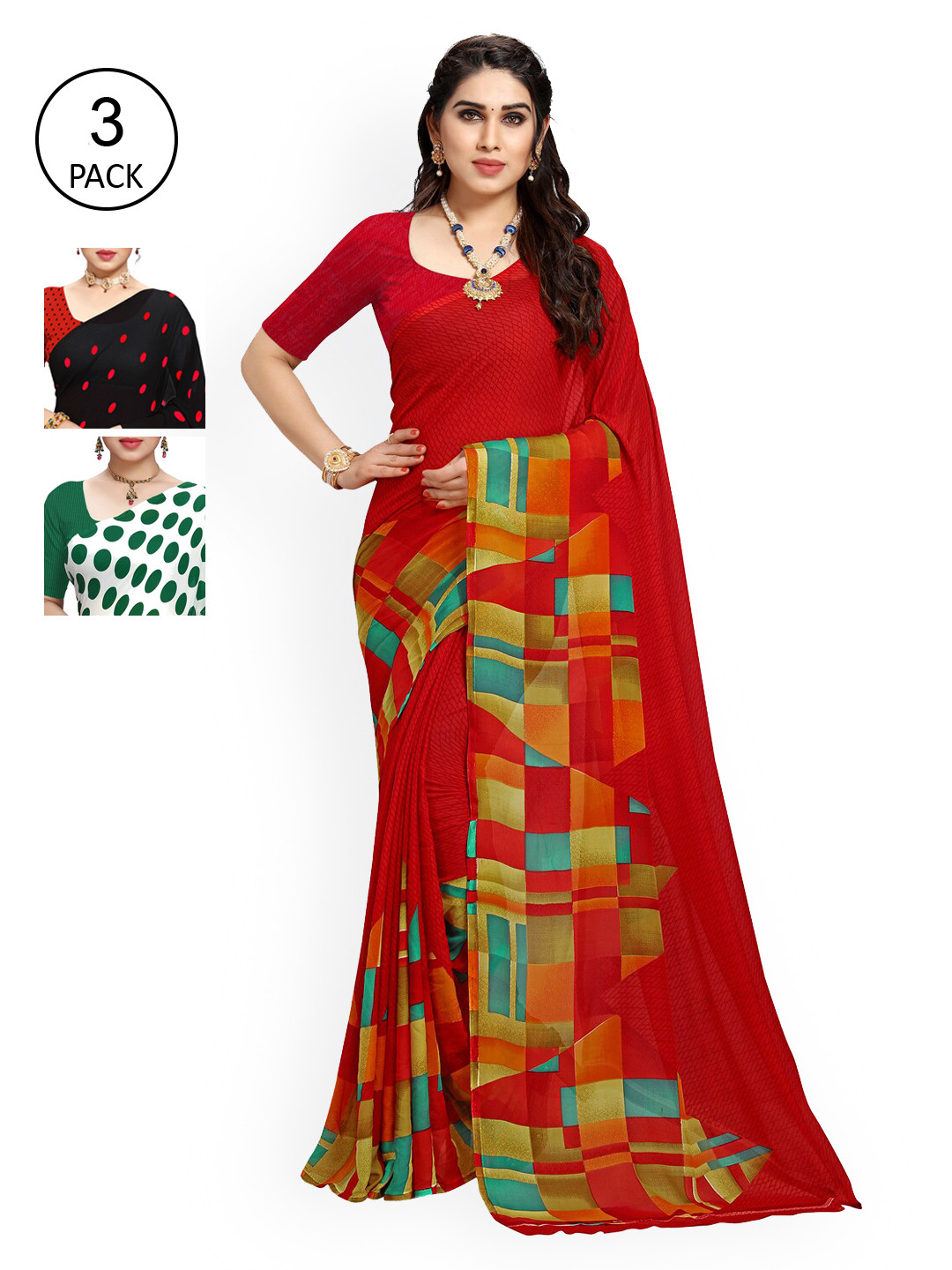 

KALINI Red & Black Pack of 3 Printed Saree