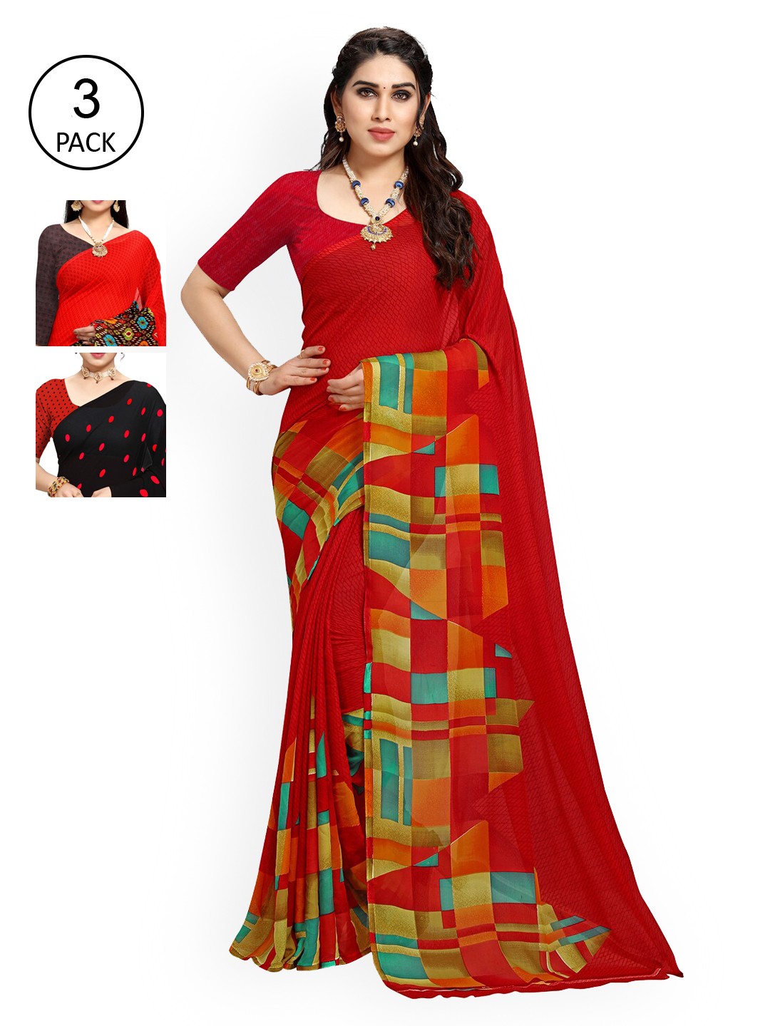 

KALINI Pack Of 3 Multicoloured Poly Georgette Sarees, Multi