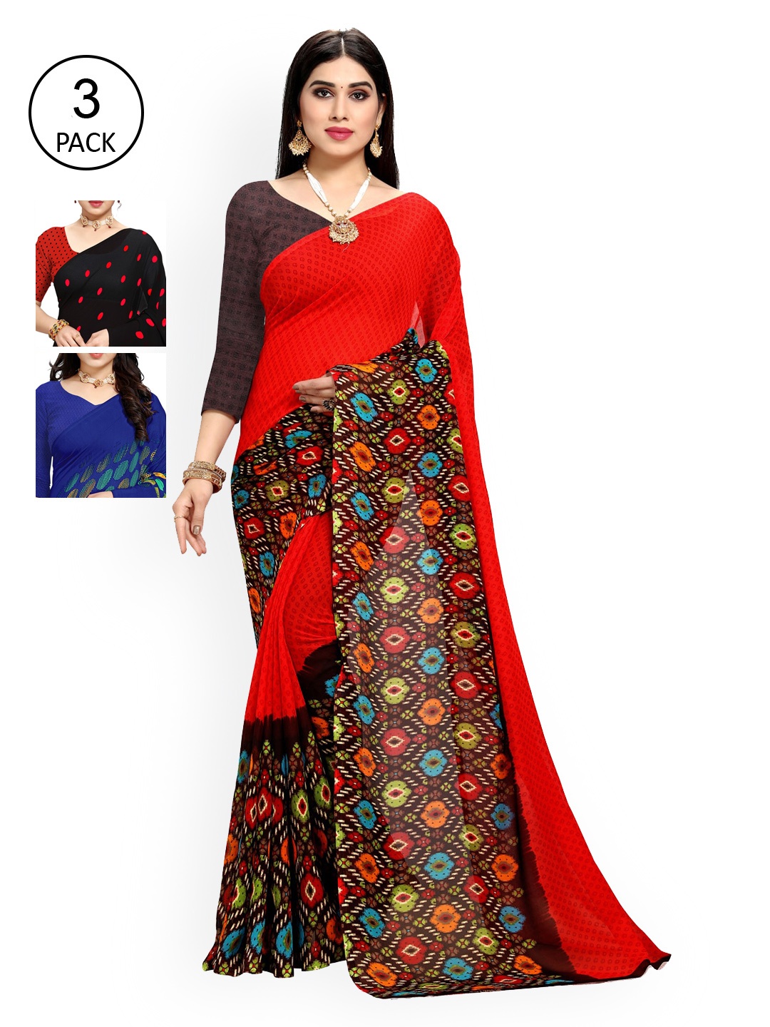 

KALINI Pack Of 3 Black & Blue Saree
