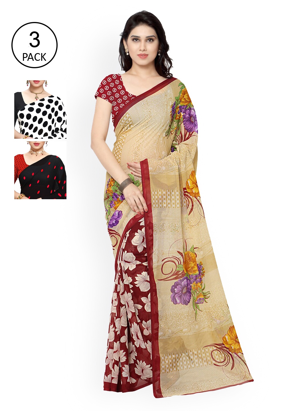 

KALINI Beige & Black Pack of 3 Printed Saree