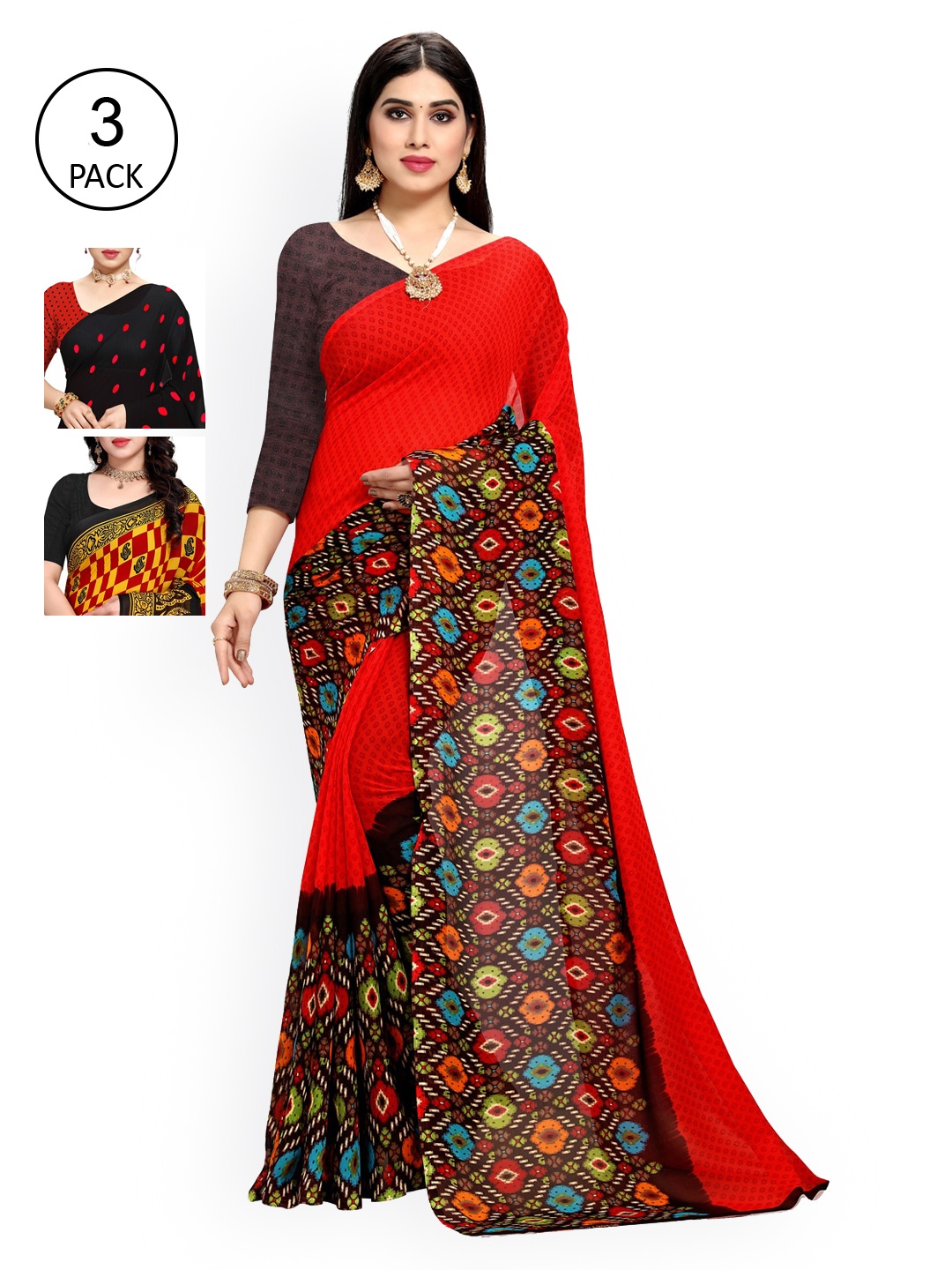 

KALINI Pack of 3 Poly Georgette Sarees, Red