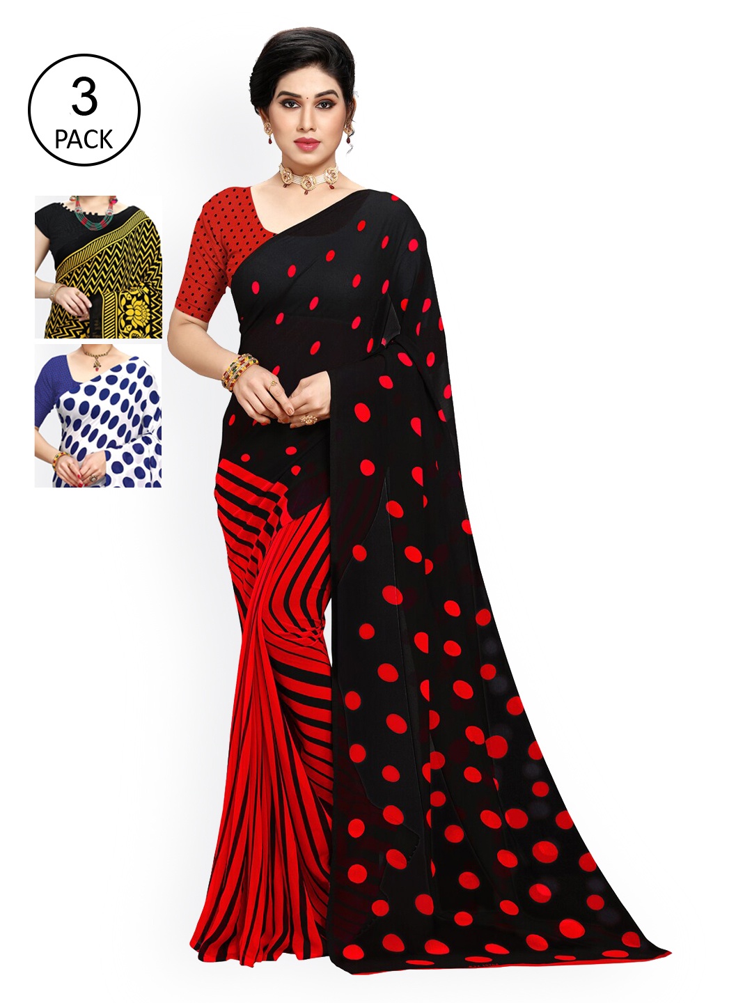 

KALINI White & Red Pack of 3 Printed Saree