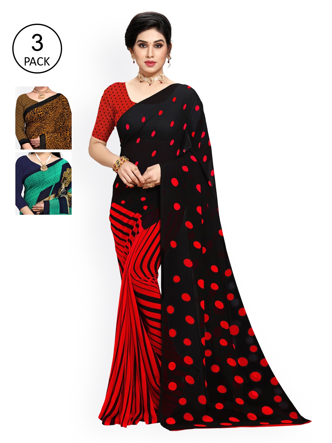

KALINI Pack Of 3 Poly Georgette Sarees, Black