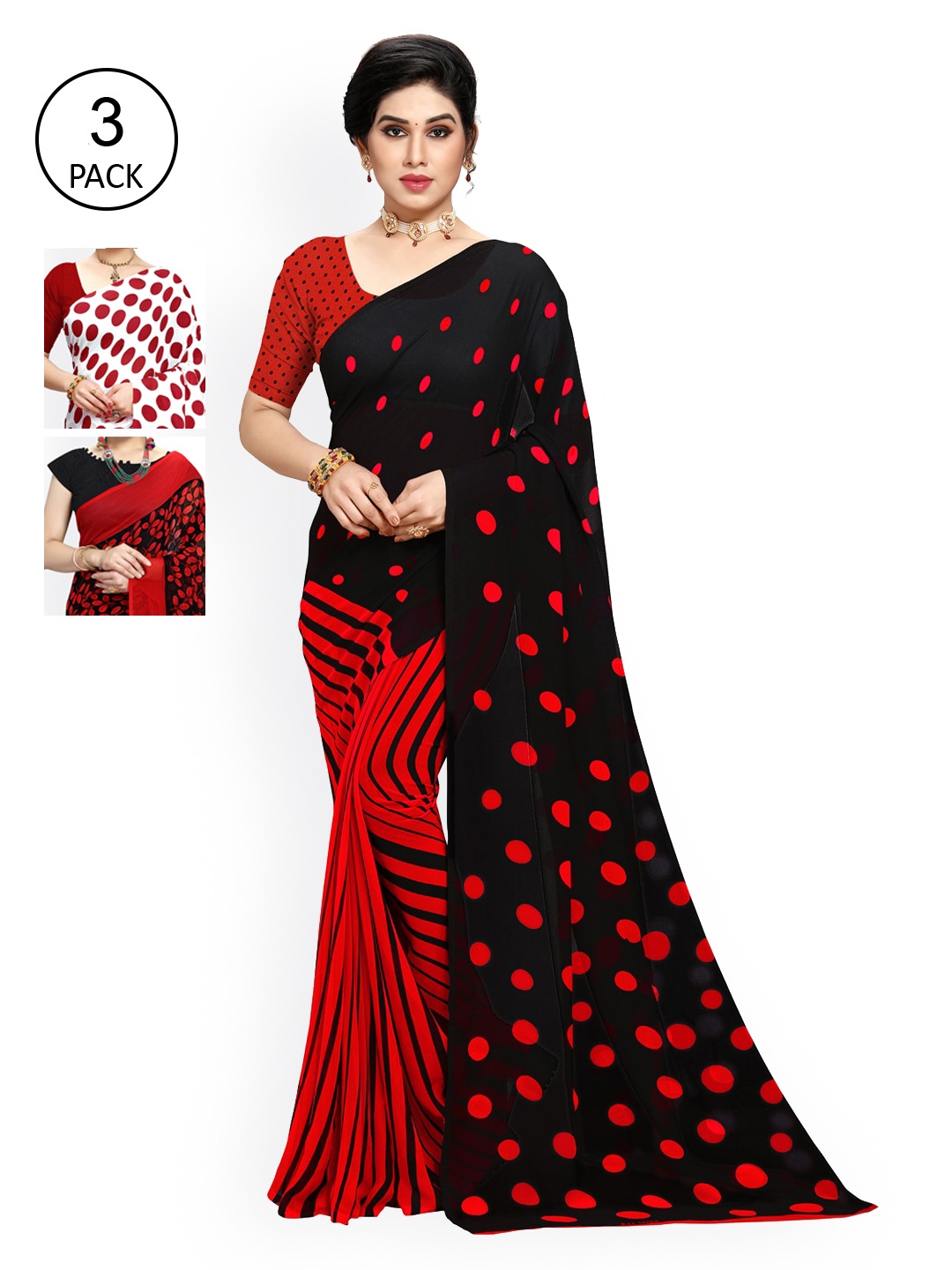 

KALINI White & Red Pack of 3 Saree