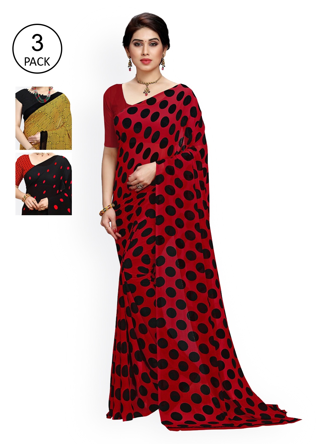 

KALINI Red & Black Pack of 3 Printed Saree