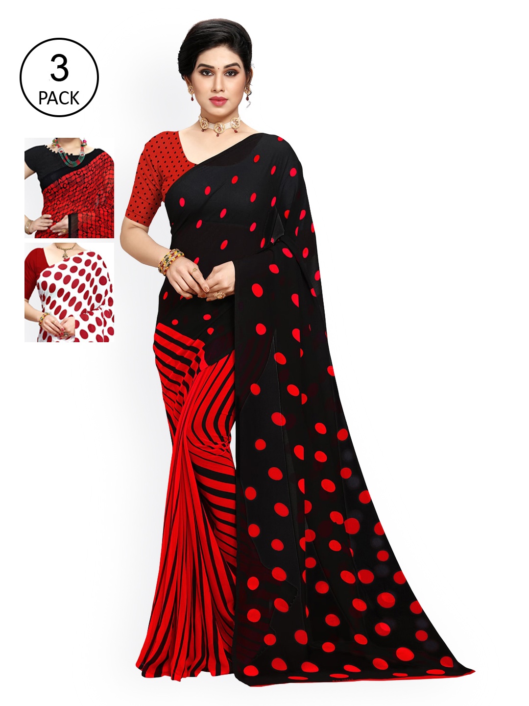 

KALINI Women Pack Of 3 Printed Sarees, Red