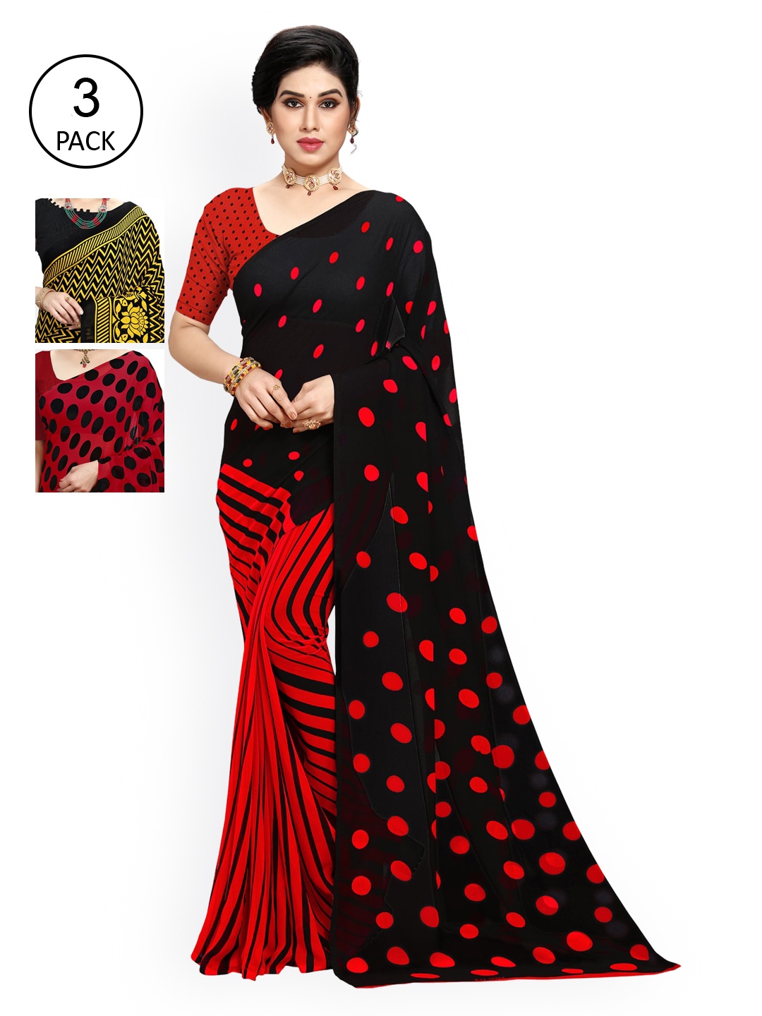 

ANAND SAREES Pack of 3 Poly Georgette Sarees, Red
