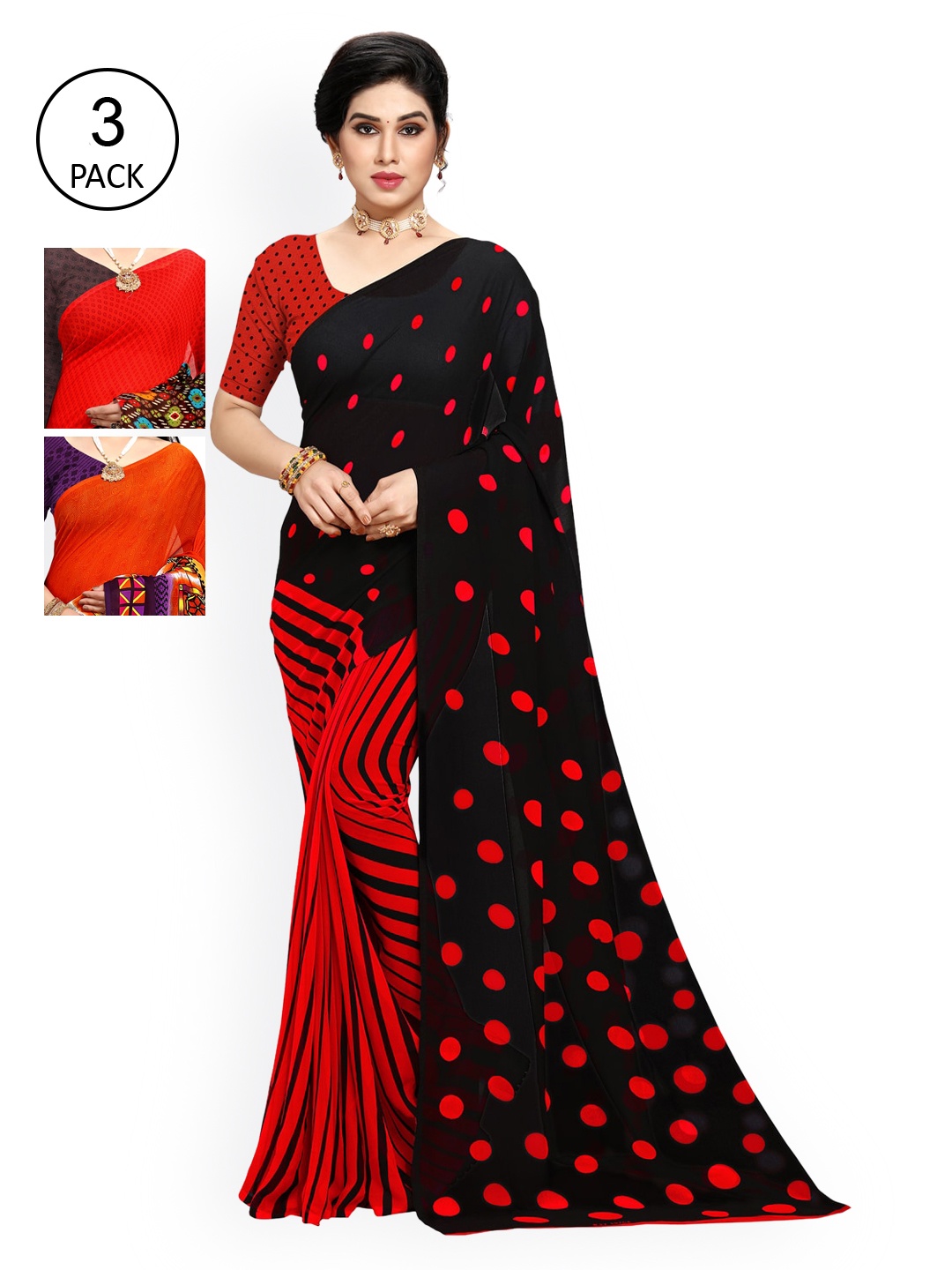 

KALINI Pack Of 3 Orange & Red Saree