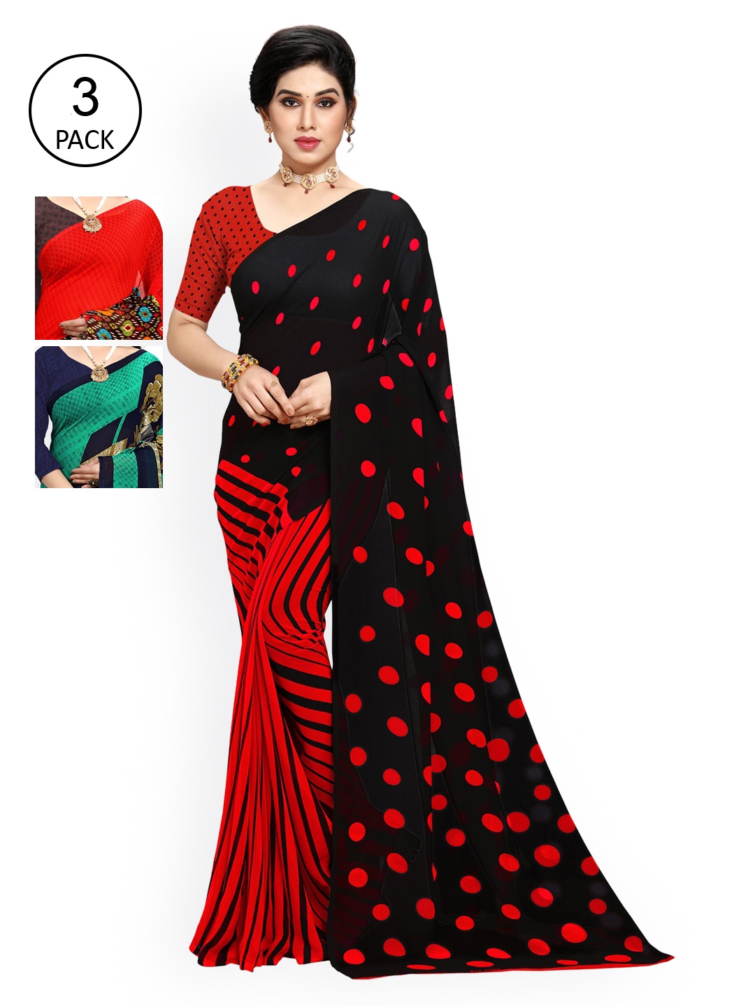 

KALINI Multicoloured Set of 3 Poly Georgette Saree, Multi