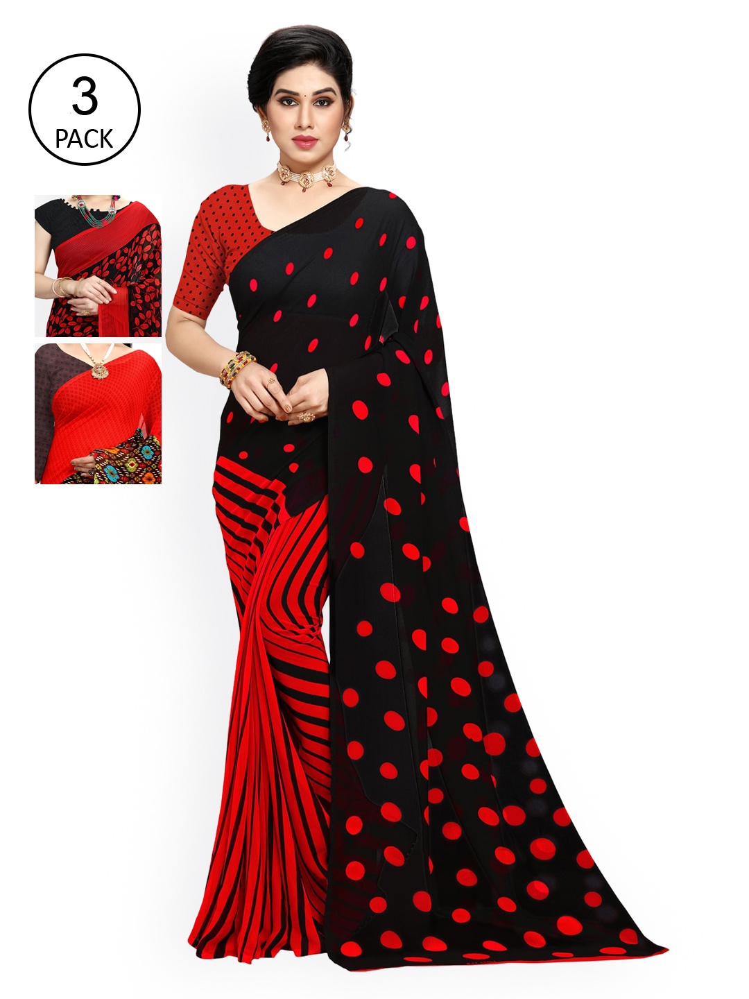 

KALINI Pack Of 3 Poly Georgette Sarees, Black