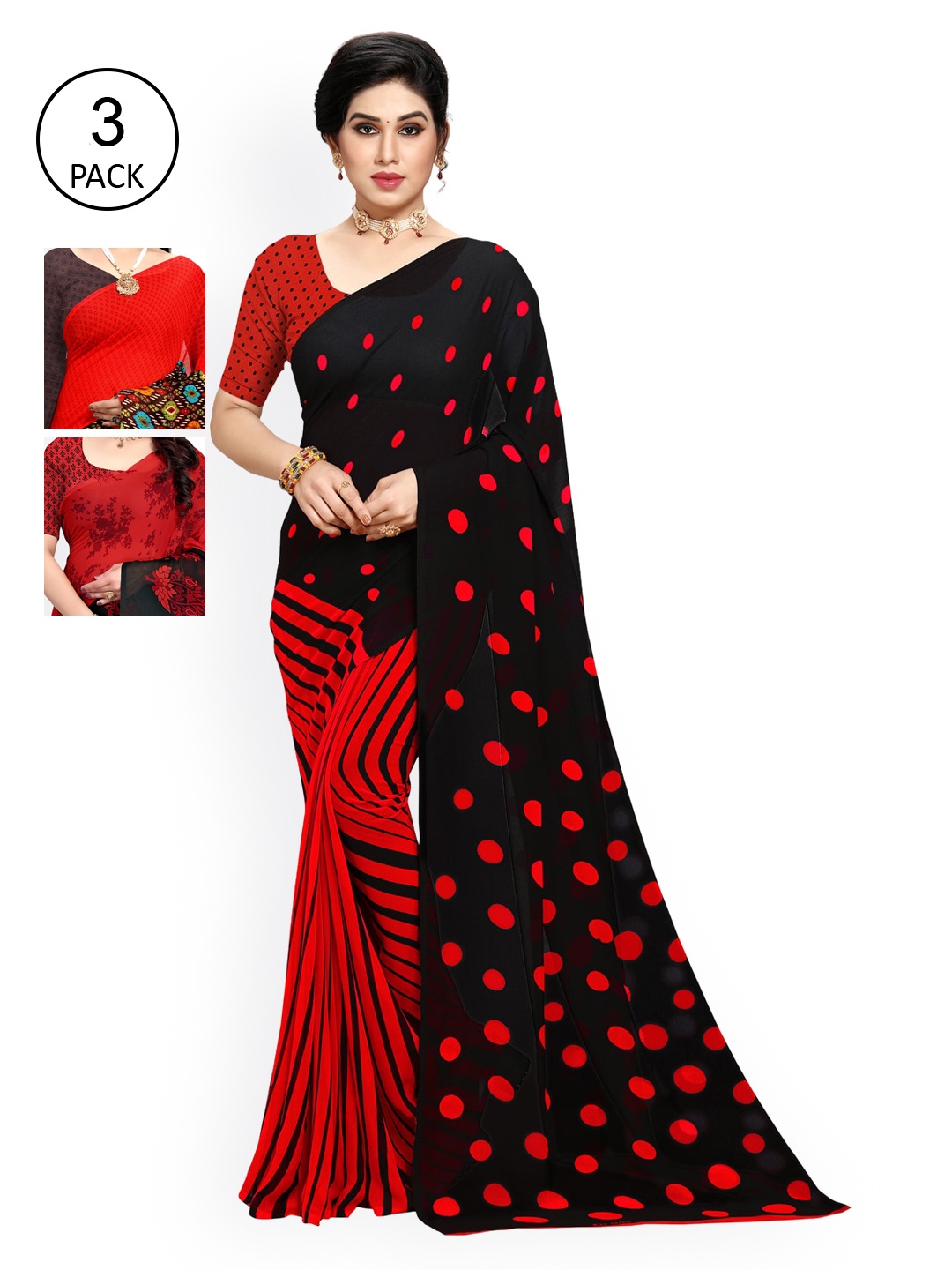 

KALINI Pack Of 3 Red & Black Saree