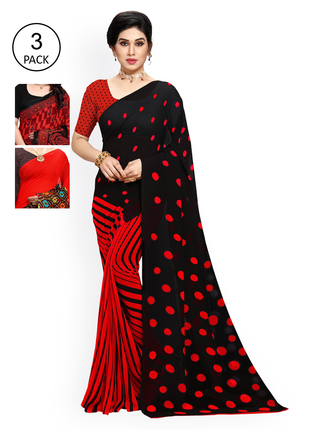 

KALINI Multicoloured Set of 3 Poly Georgette Saree, Multi