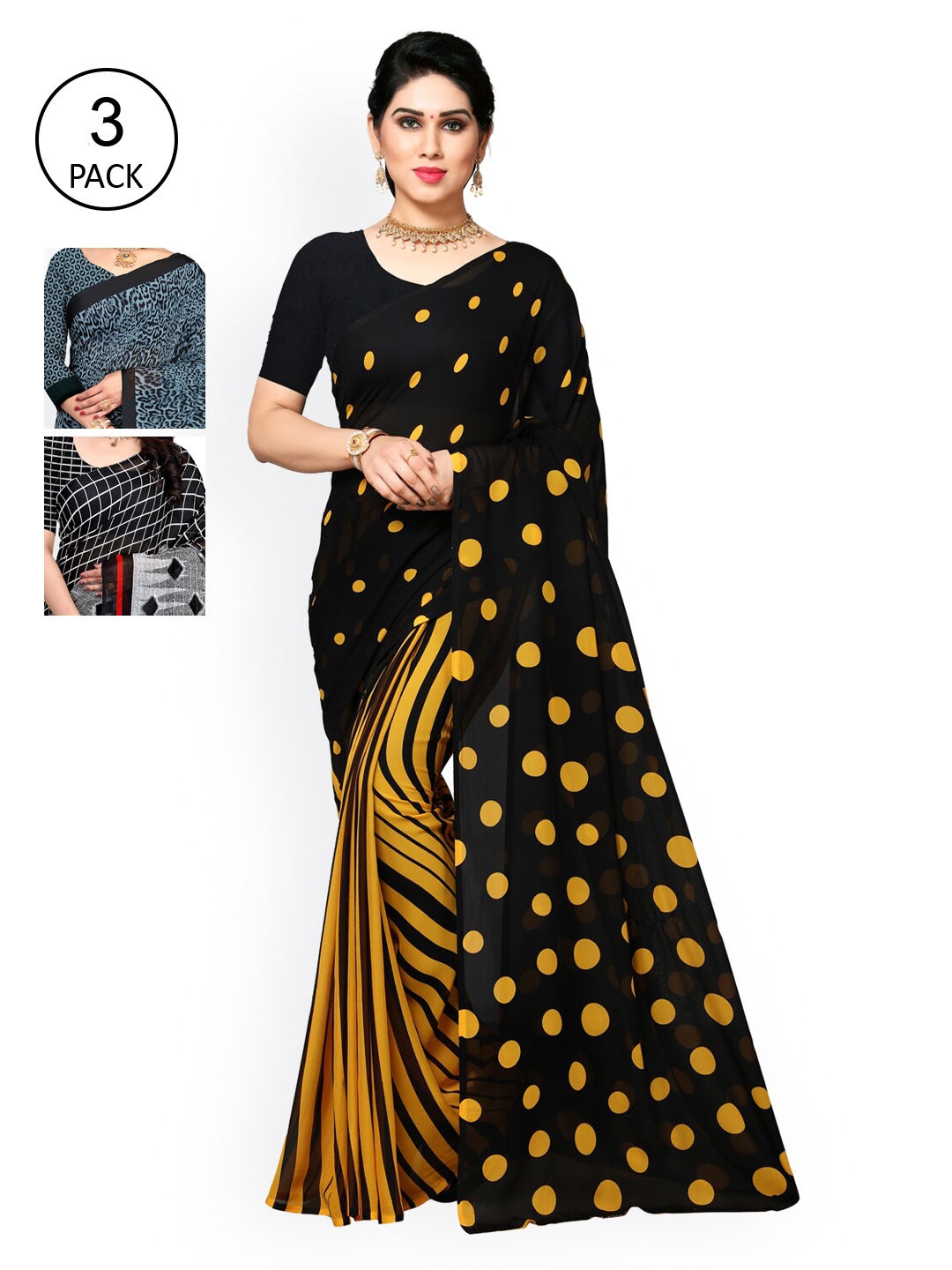 

ANAND SAREES Pack of 3 Printed Poly Georgette Saree, Multi
