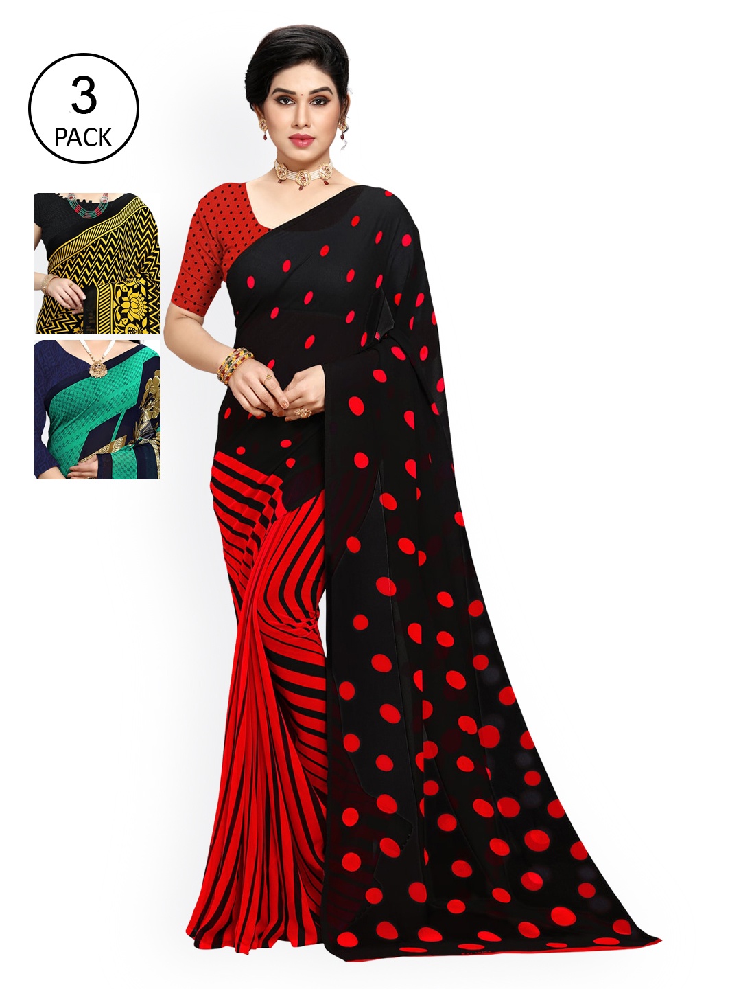 

KALINI Pack of 3 Poly Georgette Sarees, Black